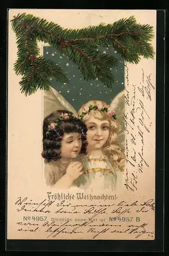 AK Weihnachtsengel und Mädchen unterm Sternenhimmel, Tannenzweig, Weihnachtsgruss