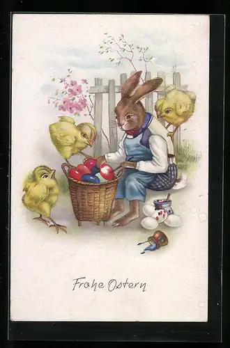 AK Osterhase und Küken bemalen Eier