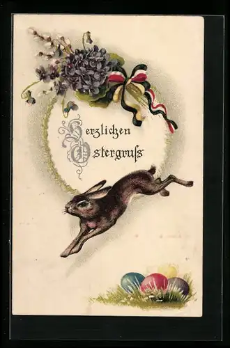 AK Osterhase mit Blumen und Schleifen