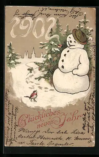 AK Glückliches neues Jahr, Schneemann hinter Tannenbäumen