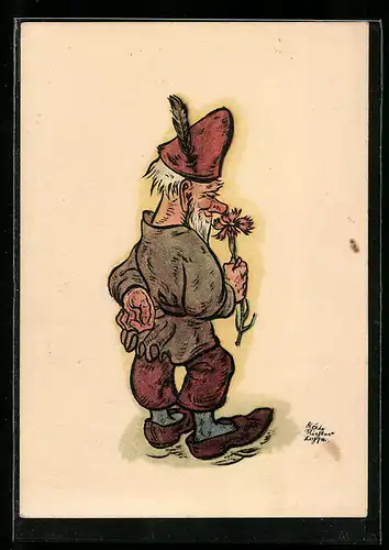 Künstler-AK Zwerg riecht an Blume