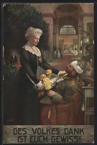 Künstler-AK Des Volkes Dank ist Euch gewiss!, Kaiserin Auguste Victoria und Verwundeter