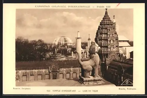 AK Paris, Exposition coloniale internationale 1931, Temple d`Angkor-Vat, Lion et Tour