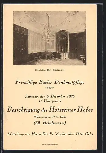AK Basel, Holsteiner Hof, Gartensaal, Wohnhaus des Peter Ochs in der Hebbelstrasse 32