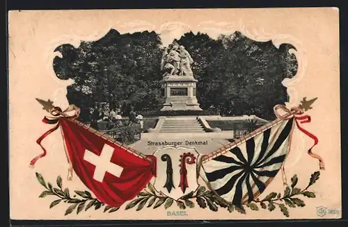 AK Basel, Strassburger Denkmal, Flaggen
