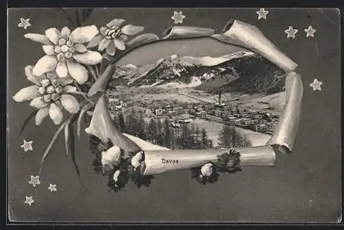 AK Davos, Panorama der Ortschaft vor schneebedeckten Bergen