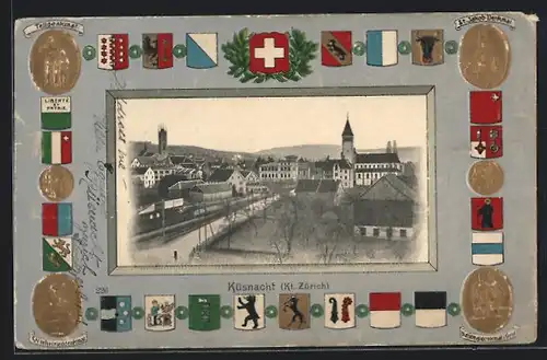 AK Küsnacht, Panorama der Ortschaft, Wappen, Medaillen mit Telldenkmal und St. Jakob-Denkmal