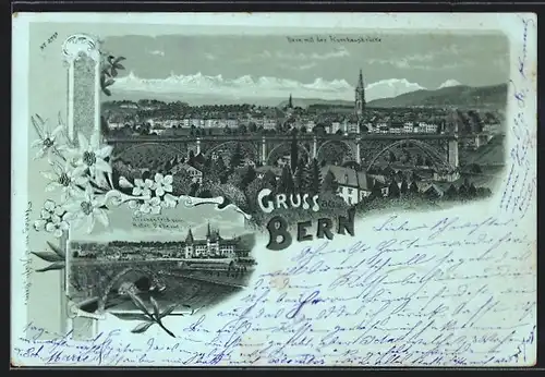 Lithographie Bern, Kornhausbrücke, Kirchenfeld vom Hotel Bellevue