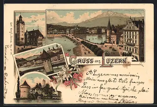 Lithographie Luzern, Ortsansicht, Wasserturm, Rathaus, Kapellbrücke