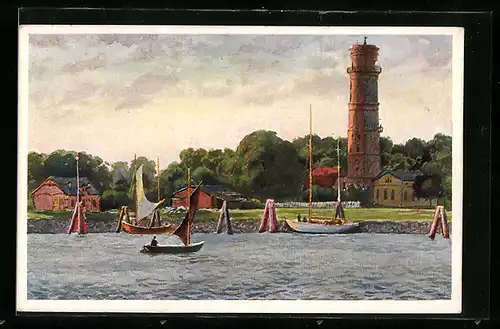 Künstler-AK Travemünde, Boote vor dem Leuchtturm