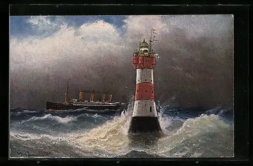 AK Roter Sand Leuchtturm wird von Wellen umtost, Passagierschiff am Horizont