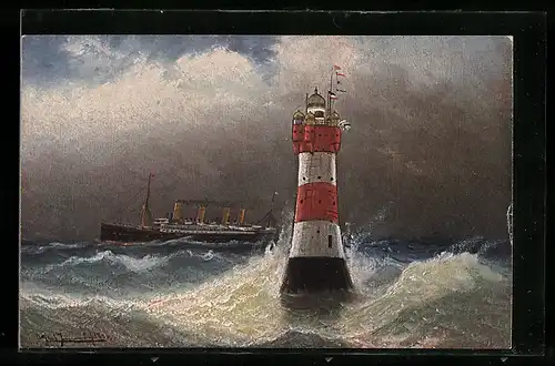 AK Roter Sand Leuchtturm wird von Wellen umtost, Passagierschiff am Horizont