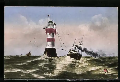 AK Rotesand-Leuchtturm, Dampfschiff bei schwerem Seegang