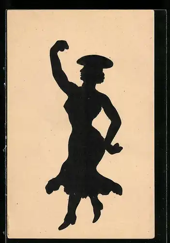 AK Scherenschnitt, Tanzende Frau mit Hut