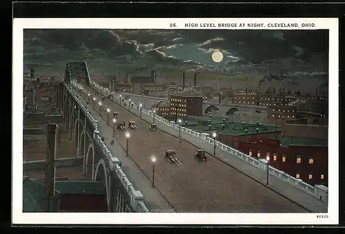Mondschein-AK Cleveland, OH, High Level Bridge at night