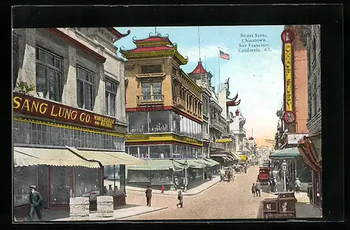 AK San Francisco, CA, Geschäft Sang Lung Co., Street Scene in Chinatown, Strassenpartie