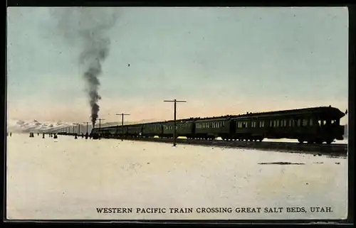 AK Western Pacific Train crossing Great Salt Beds in Utah