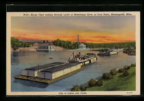 AK Minneapolis, MN, Barge Fleet coming throught Locks of Mississippe River at Ford Plant