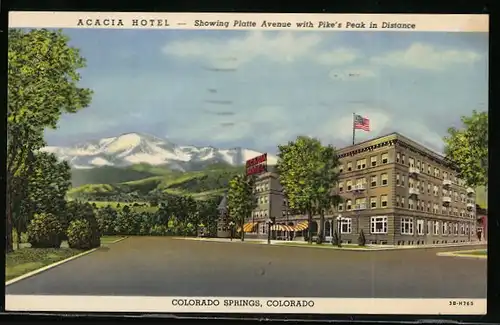 AK Colorado Springs, CO, Acacia Hotel, Showing Platte Aveneue withe Pike`s Peak in Distance