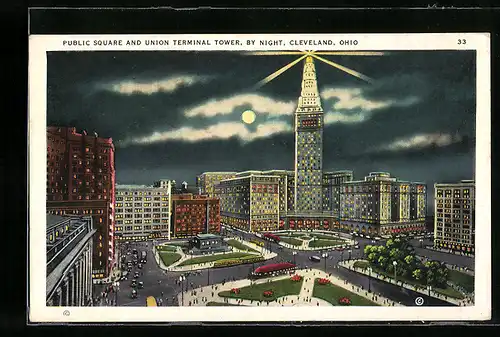 AK Cleveland, OH, Public Square and Union Terminal Tower, by night