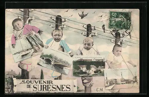 Passepartout-AK Suresnes, Babys mit Stadtansichten an einer Telegraphenleitung