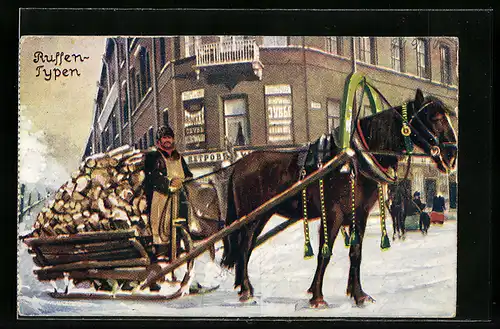 Künstler-AK Russentypen, Pferdeschlitten in Ortschaft