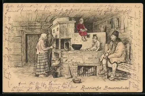 AK Russische Bauernstube, alle sind am Kamin