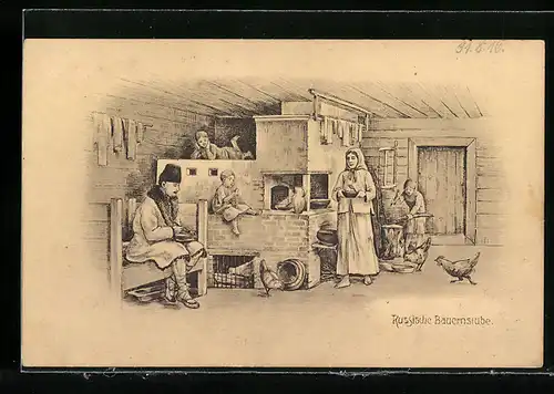 Künstler-AK Russische Bauernstube mit Familie am Ofen