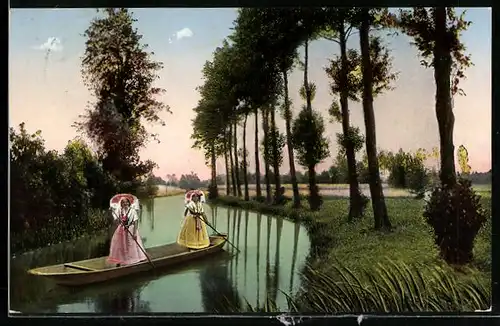 AK Spreewald, Wasserstrasse nach der Wotschoska, Spreewälder Tracht