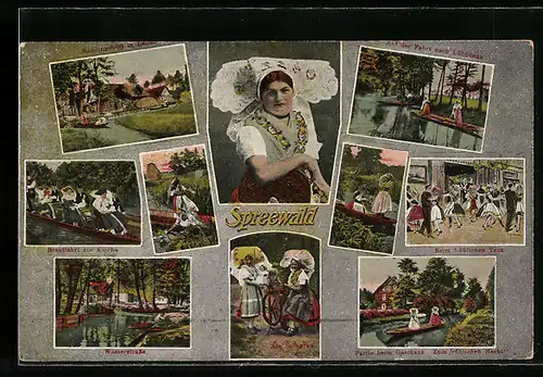 AK Lübbenau, Gasthaus Zum fröhlichen Hecht, Spreewaldmotive, Brautfahrt zur Kirche, Wasserstrasse, Tanz