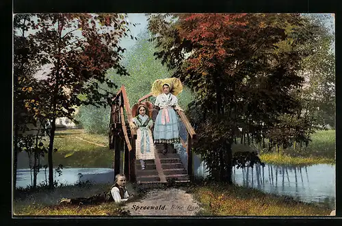 AK Spreewald, Eine Bank, Frauen und Junge in Tracht