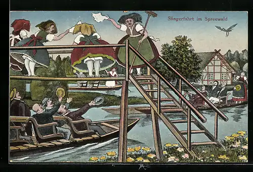 AK Spreewald, Sängerfahrt, Spreewälder Tracht