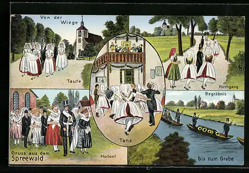 AK Einheimische in Spreewälder Tracht bei der Taufe, beim Kirchgang, bei der Hochzeit, beim Tanz