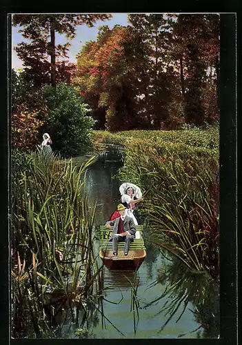 AK Paar in Spreewälder Tracht bei einer Kahnfahrt