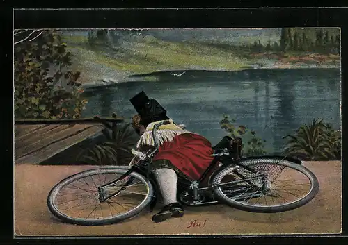 AK Schaumburg-Lippische Landestracht, Frau fällt mit ihrem Fahrrad zu Boden