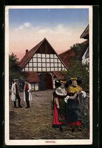 AK Volkstrachten aus Bückeburg und Schaumburg-Lippe, Paare in Tracht am Sonntag