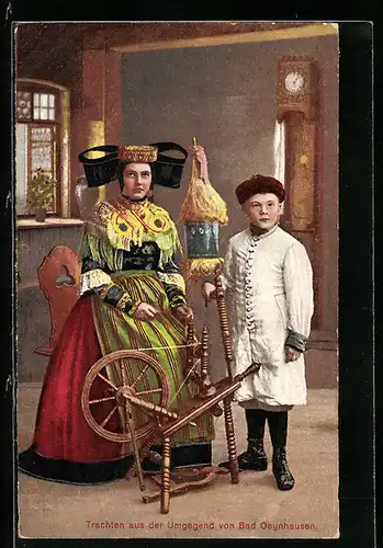 AK Frau am Spinnrad und Junge in Tracht aus der Umgebung von Bad Oeynhausen