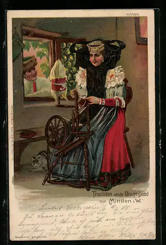 Lithographie Minden, Frau in Tracht am Spinnrad sitzend