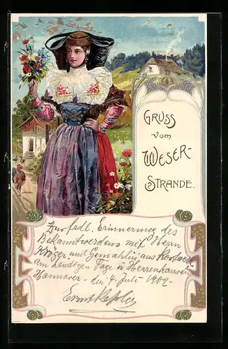 Präge-Lithographie Dame in Tracht Schaumburg-Lippe, Gruss vom Weserstrande