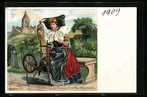 Lithographie Bad Oeynhausen, Spinnerin in Tracht vor dem Nationaldenkmal