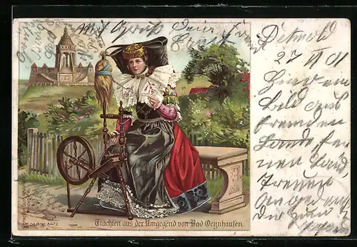 Lithographie Bad Oeynhausen, Spinnerin in Tracht vor dem Nationaldenkmal