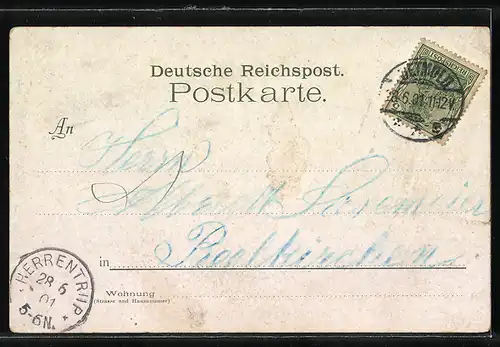 Lithographie Bad Oeynhausen, Spinnerin in Tracht vor dem Nationaldenkmal