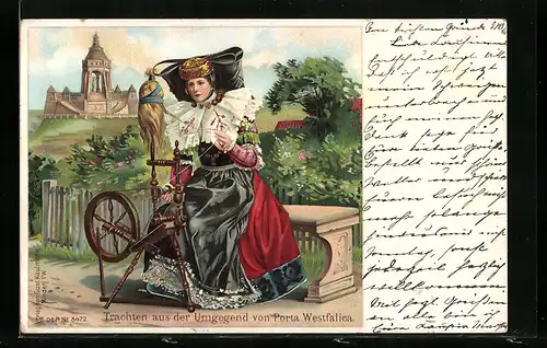 Lithographie Porta Westfalica, Dame in Tracht Schaumburg-Lippe, Spinnrad