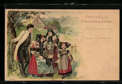 Lithographie Bückeburgerlande, Gesellschaft in Tracht Schaumburg-Lippe