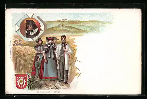 Lithographie Bückeburger Trachten, Familie in Tracht Schaumburg-Lippe