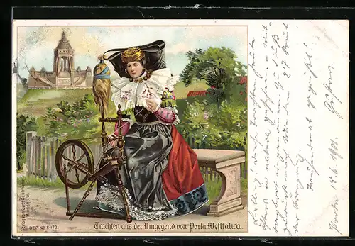 Lithographie Porta Westfalica, Dame in Tracht Schaumburg-Lippe, Spinnrad