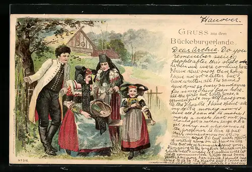 Lithographie Familie in Sonntagstracht, Tracht Schaumburg-Lippe