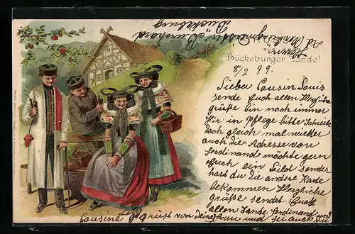 Lithographie Lachend vor dem Haus in Schaumburg-Lippischer Landestracht