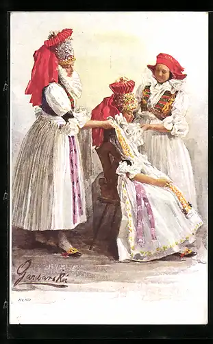 AK Oblekani nevesty, Ubieranie panny mlodej, Tschechinnen in Tracht