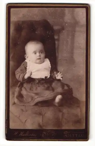 Fotografie H. Walbrecker, Zittau, Portrait sitzendes Kleinkind im hübschen Kleid mit Latz